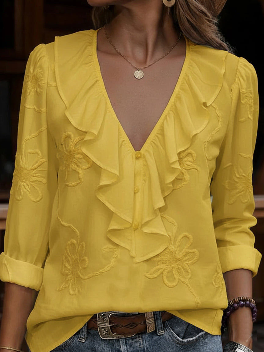 Camisa vintage con cuello en V y volantes con flores bordadas-ES