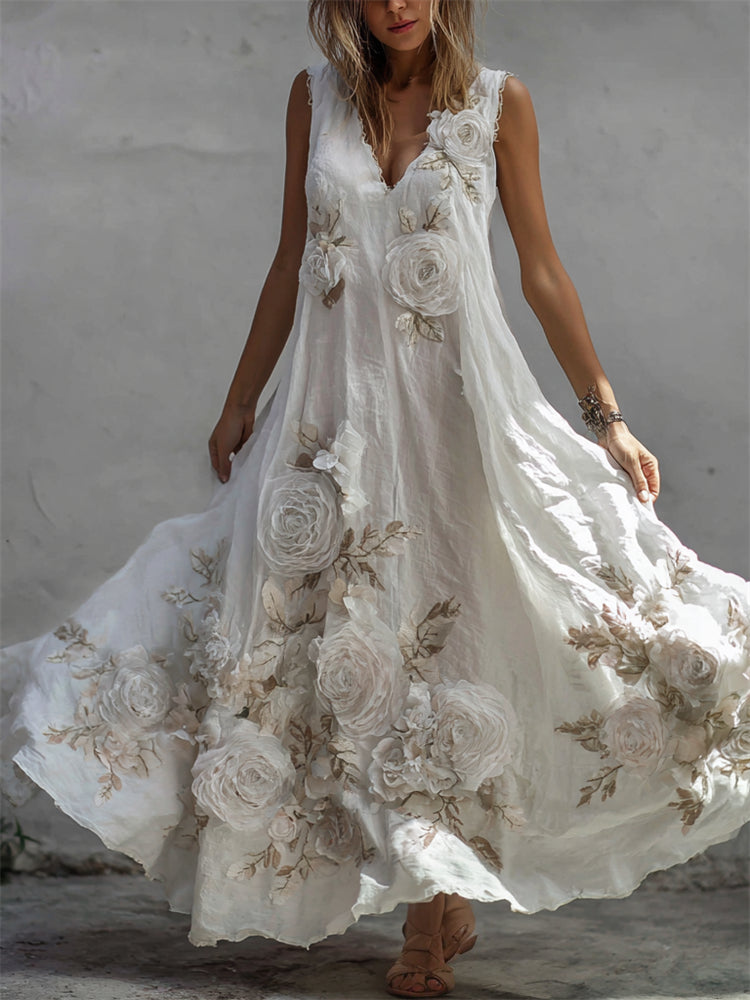 Vintage White Roses Fiber Art Flowy Linen Maxi Dress  EU01