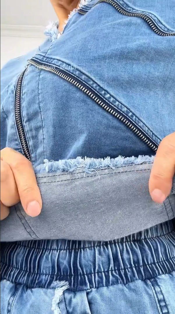 Moteriškas vintažinis džinsinis kostiumas su užtrauktuku-LT