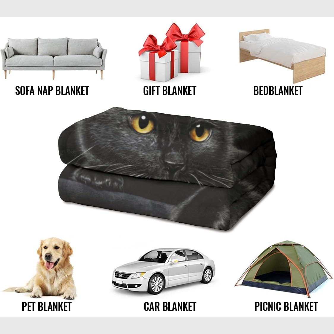 Adorable manta de franela con estampado de gato negro.-ES