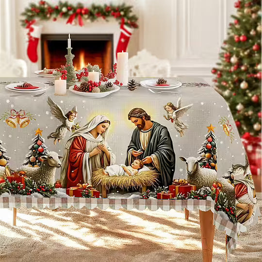 Mantel con escena de la Natividad – Blanco y rojo, estilo tradicional europeo, tela resistente para comidas y decoraciones navideñas.-ES