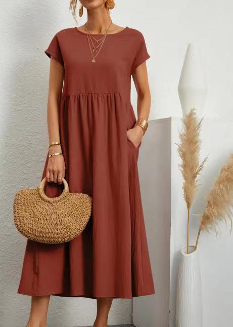 🔥Vestido suelto de algodón de color liso con bolsillos-ES