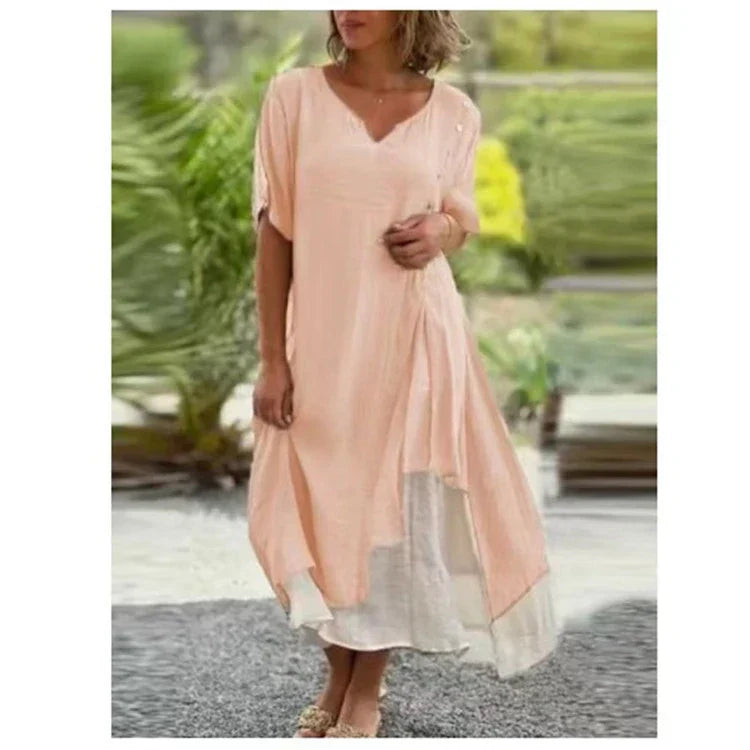 Vestido asimétrico de manga corta de dos piezas falso-ES