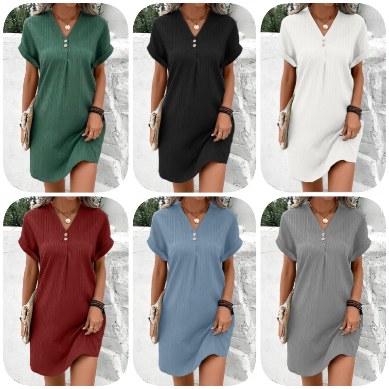 【M-3XL】🍃Vestido de mezcla de algodón y lino de color liso con botones-ES