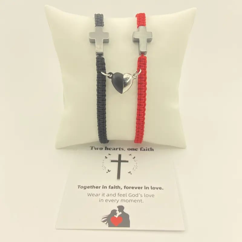 💕"Δύο Καρδιές, Μία Πίστη" - ένα εμπνευσμένο χριστιανικό βραχιόλι με έναν σταυρό και μια κάρτα με την ευλογία του Ιησού-GR