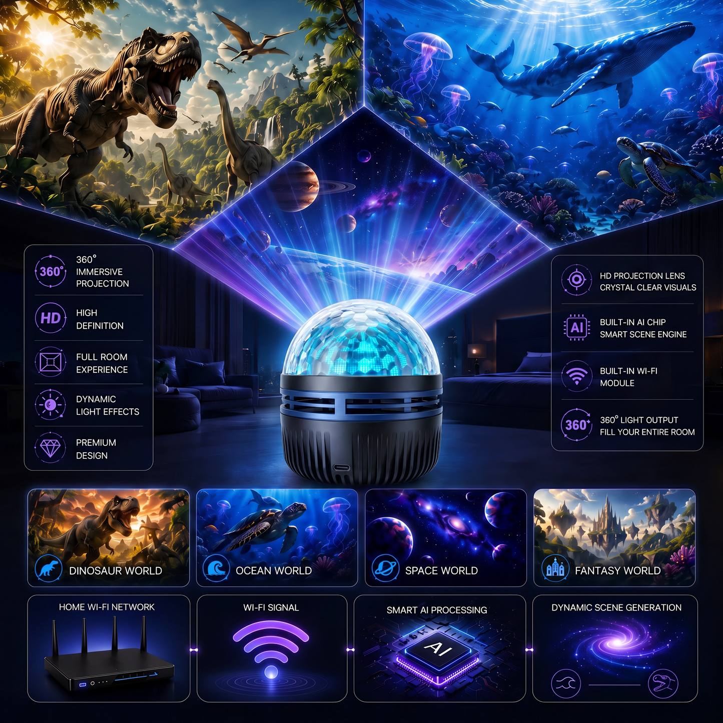 🦖🎁360° pametni holografski projektor zvjezdanog neba (HD Smart Dynamic 5D)-HR