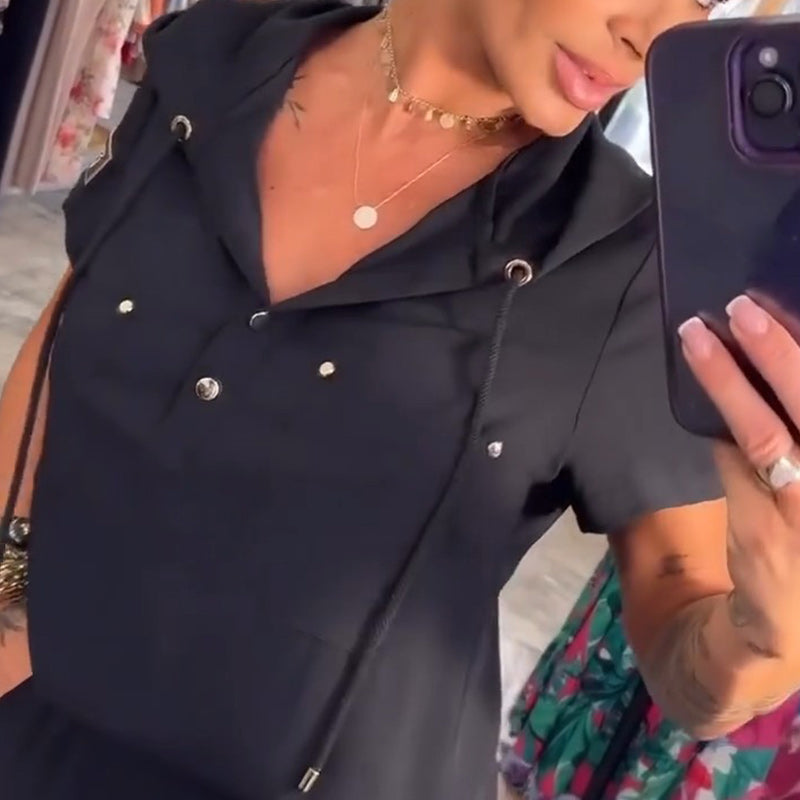 Blusa con cuello en V y capucha, manga corta, pantalón, conjunto de dos piezas-ES