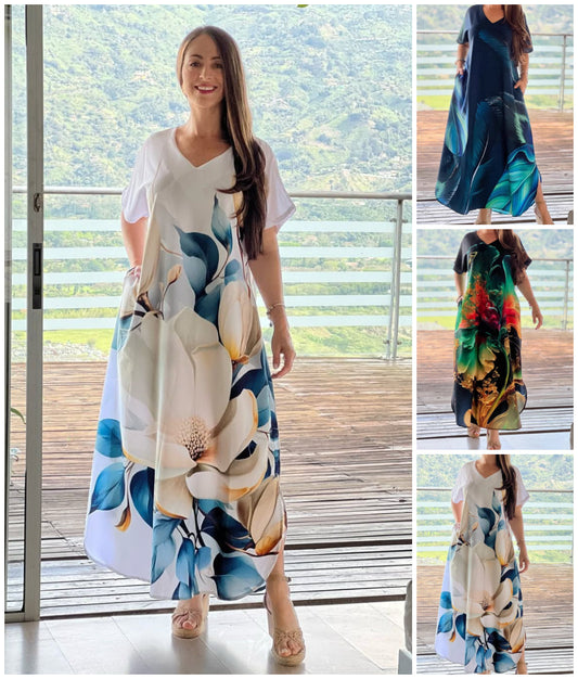 👗 Moteriška ilga suknelė su raštu ir V formos iškirpte-LT