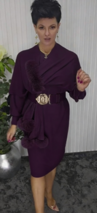 Φόρεμα με μακριά μανίκια και στρογγυλή λαιμόκοψη, με σάλι διακοσμημένο με βελούδινα στοιχεία.-GR