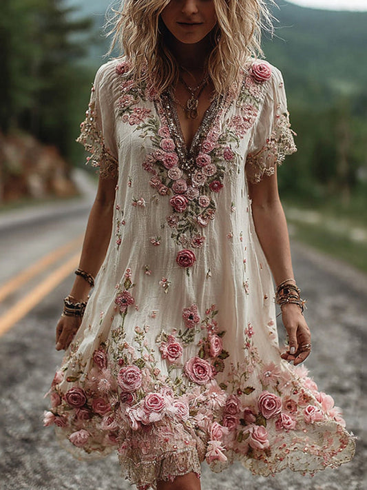 Vestido vintage de manga corta con bordado floral-ES