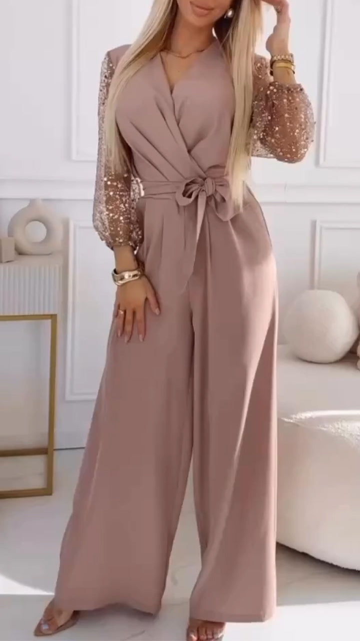 👑Γυναικείο casual κοστούμι με φουσκωτά μανίκια και V λαιμόκοψη, διακοσμημένο με πούλιες-GR