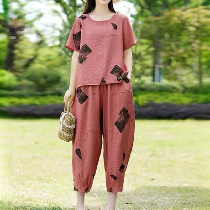 💞 Conjunto de pantalón corto de pierna ancha y top de manga corta con estampado para mujer-ES