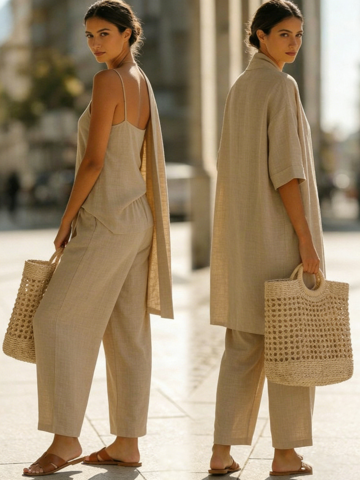 Conjunto minimalista de tres piezas de lino y algodón: cómodo para el uso diario.-ES