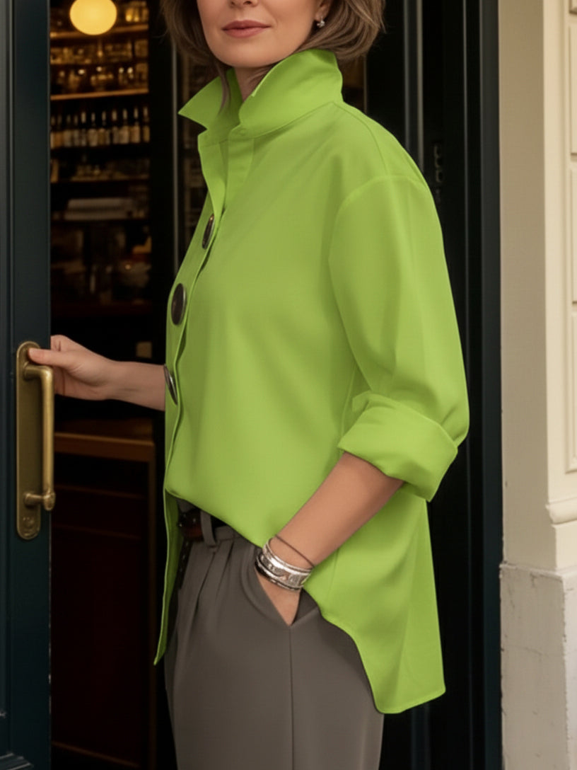 Elegantiška medvilninė ir lininė palaidinė su stačia apykakle ir metalinėmis sagomis-LT