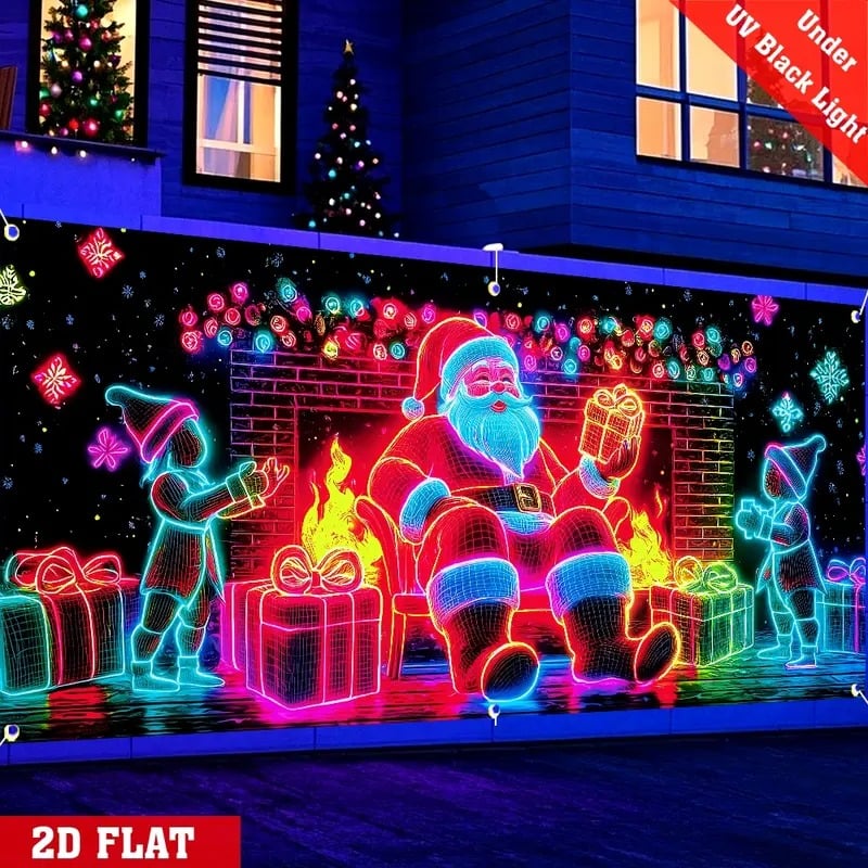Kalėdinis UV spinduliais aktyvuotas garažo vartų reklaminis skydelis, šviečiantis tamsoje su Kalėdų Senelio ir elfo animacinių filmukų dizainu, lauko ir vidaus vakarėlių dekoracija-LT
