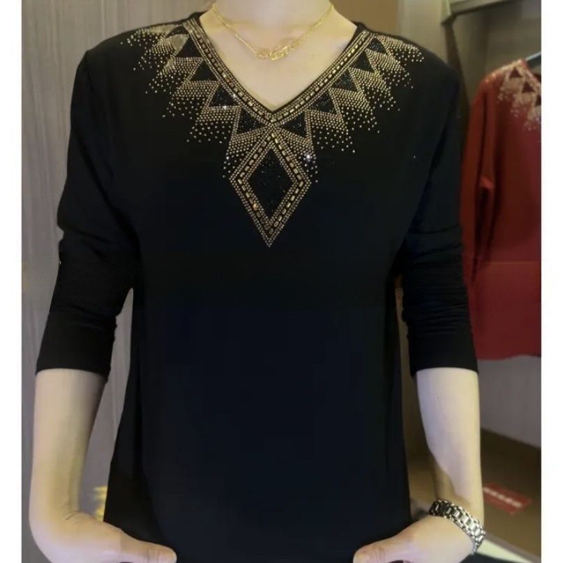 🔥[M-4XL] Υψηλής ποιότητας χειμερινό βελούδινο μπλουζάκι με μακριά μανίκια και κρύσταλλα για το 2024-GR
