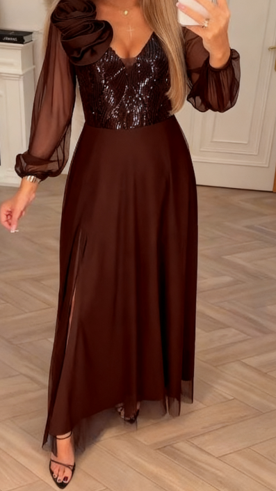 Vestido con mangas de encaje, lentejuelas y adornos florales.-ES