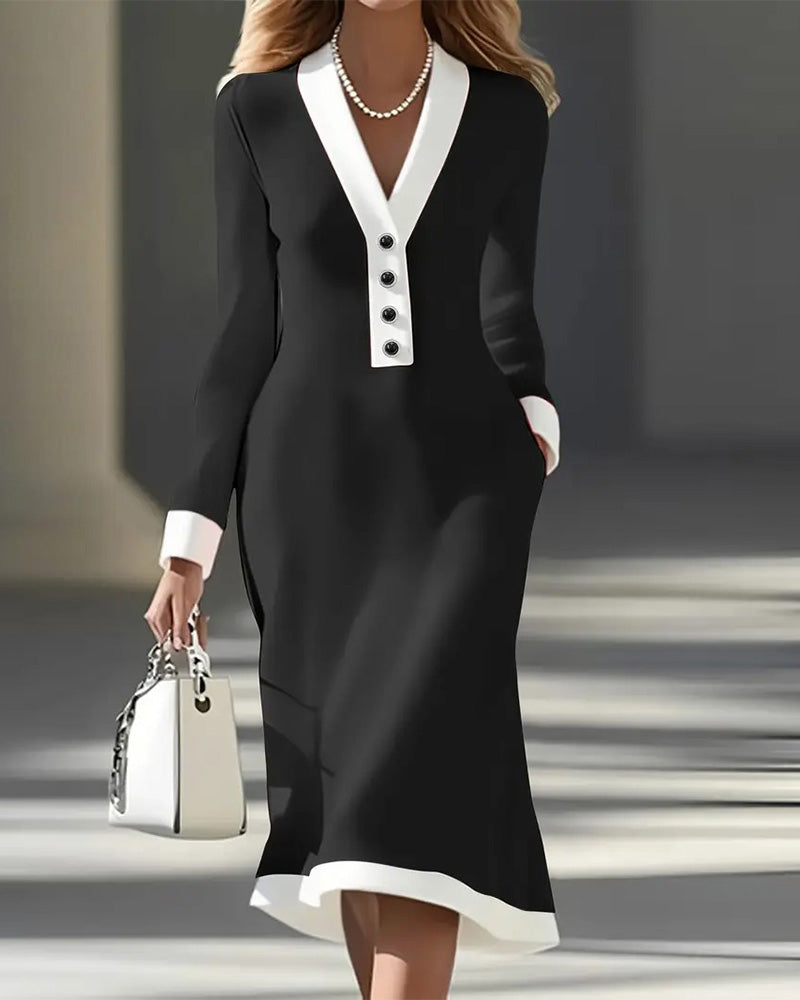 Vestido elegante de manga larga con contraste de color-ES