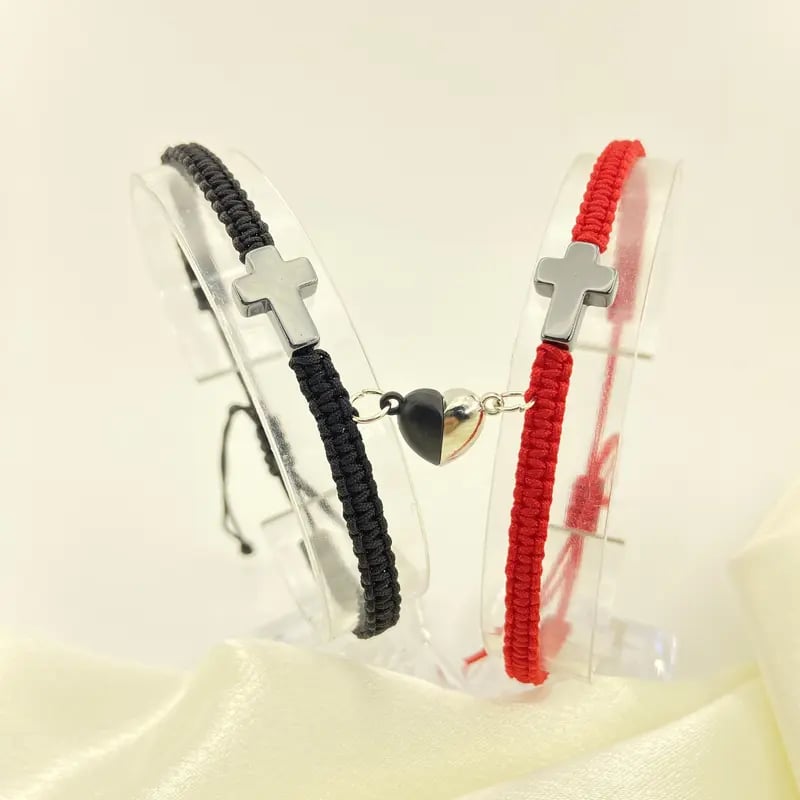 💕"Δύο Καρδιές, Μία Πίστη" - ένα εμπνευσμένο χριστιανικό βραχιόλι με έναν σταυρό και μια κάρτα με την ευλογία του Ιησού-GR