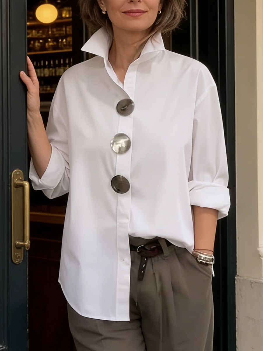 Elegantiška medvilninė ir lininė palaidinė su stačia apykakle ir metalinėmis sagomis-LT