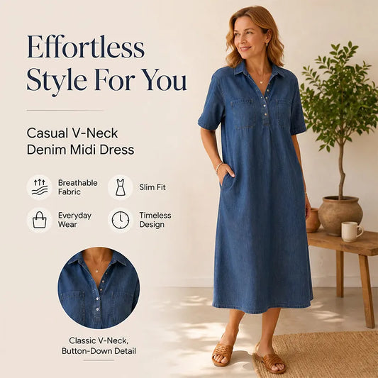 👗 DABAR 60 % NUOLAIDA! 👖 Laisvalaikio džinsinė midi suknelė su kišenėmis – minkštas džinsas ir laisvas kirpimas – funkcionalios kišenės, puikiai tinka kasdienai – patogi ir universali ✨🌸-LT