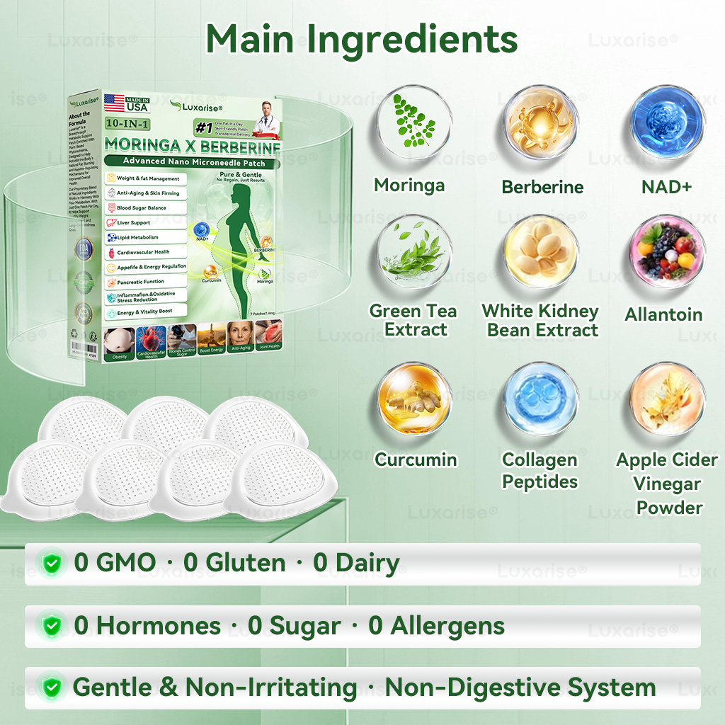 Oficiali parduotuvė | „Luxarise® Moringa & Berberine 10 in 1“ pažangus nanomikroadatinis pleistras 📦 (kartą per dieną, matomi pokyčiai po 7 dienų) Sąnarių problemos Nutukimas, diabetas, miego apnėja ir-LT