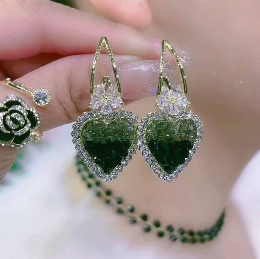 Žalios spalvos krištoliniai širdies auskarai-LT