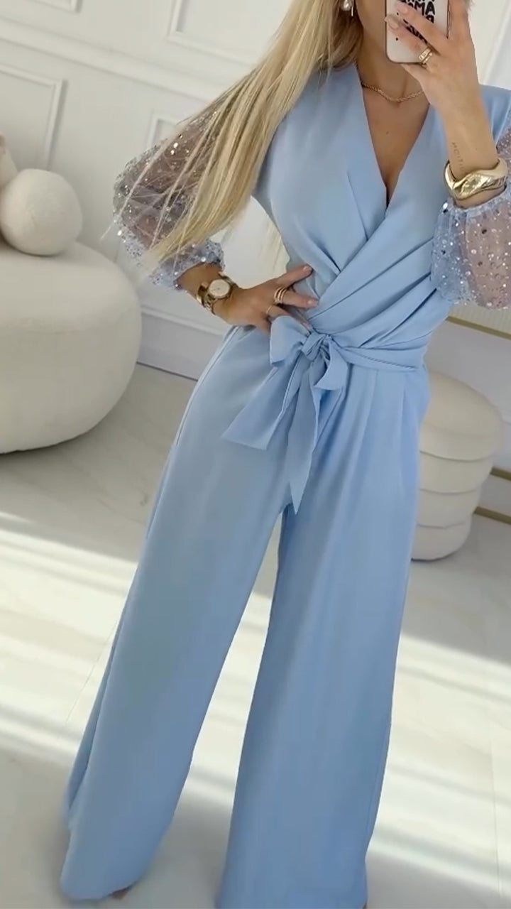 👑Γυναικείο casual κοστούμι με φουσκωτά μανίκια και V λαιμόκοψη, διακοσμημένο με πούλιες-GR