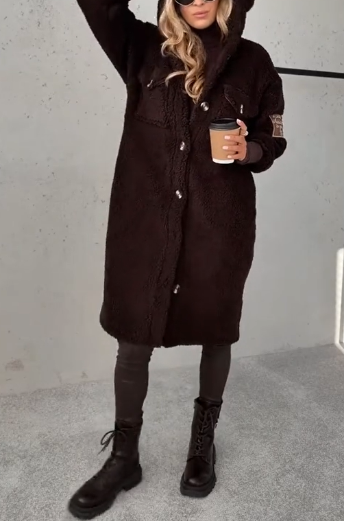 Abrigo cálido de piel de manga larga con botones y capucha para mujer-ES