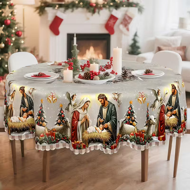 Mantel con escena de la Natividad – Blanco y rojo, estilo tradicional europeo, tela resistente para comidas y decoraciones navideñas.-ES