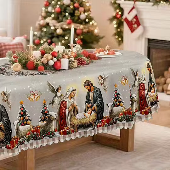 Mantel con escena de la Natividad – Blanco y rojo, estilo tradicional europeo, tela resistente para comidas y decoraciones navideñas.-ES