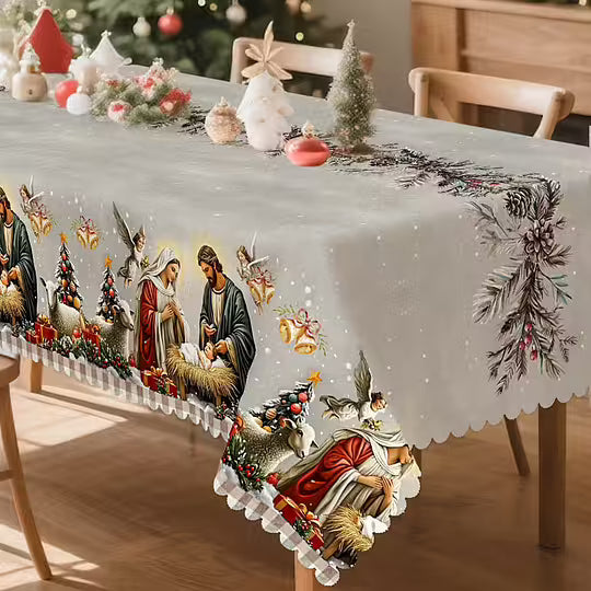 Mantel con escena de la Natividad – Blanco y rojo, estilo tradicional europeo, tela resistente para comidas y decoraciones navideñas.-ES