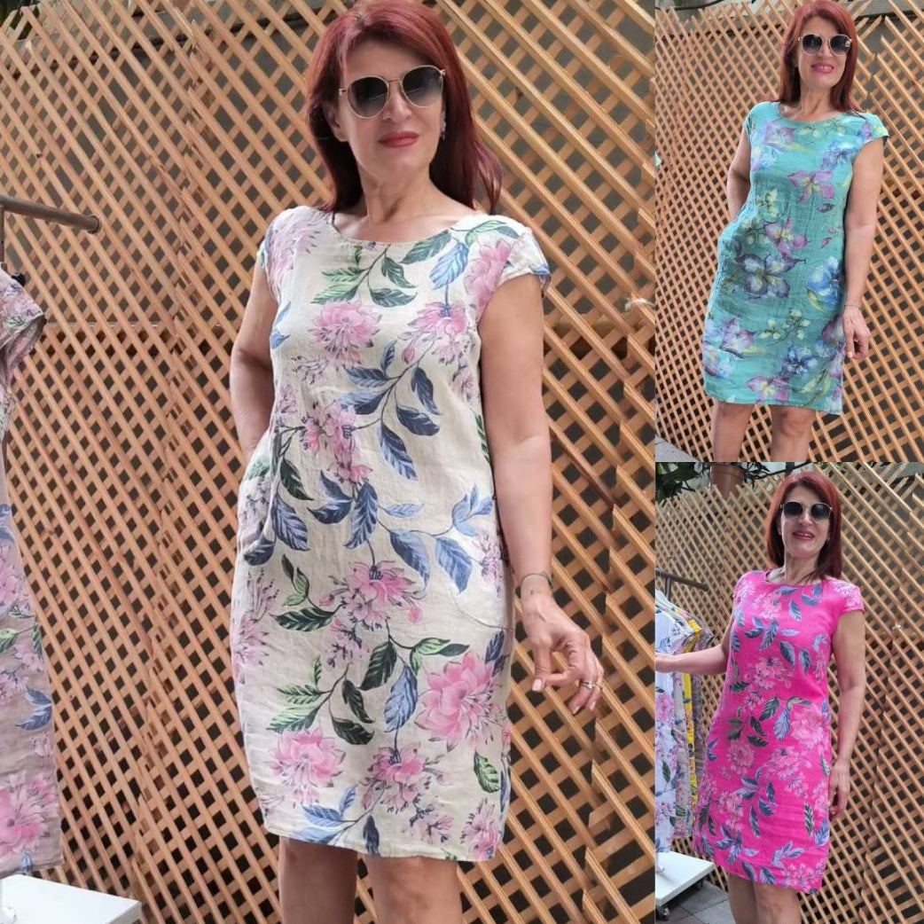 👗 Suknelė su raštu, plačiomis rankovėmis ir apvalia iškirpte-LT