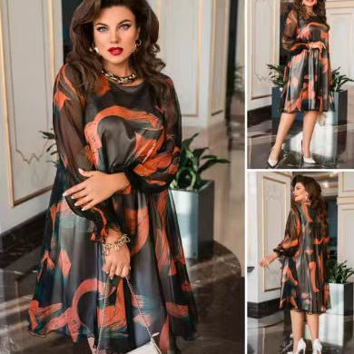 👗 Ümara kaelusega ja pikkade mustriga varrukatega lendav kleit-EE