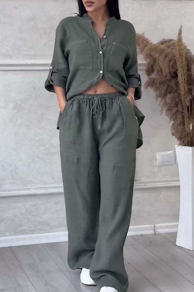 🌸Ženska dvodelna obleka iz bombaža in lanu. Srajce in hlače z zapiranjem na gumb.-SI