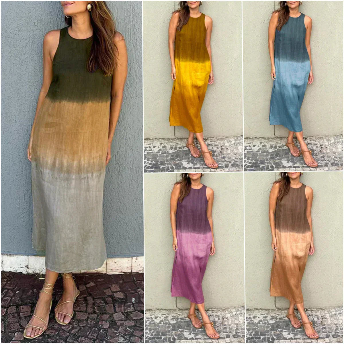 🌸 Μακρυμάνικο βαμβακερό και λινό φόρεμα με κόψιμο-GR