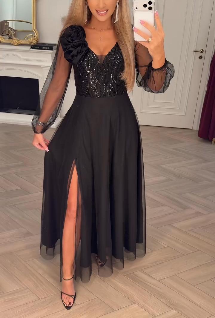 Vestido con mangas de encaje, lentejuelas y adornos florales.-ES