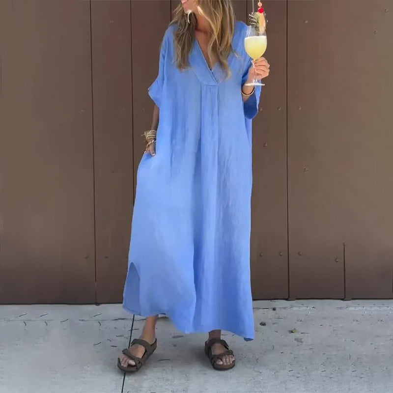 【S-4XL】💖Paprasta, ryški moteriška suknelė V formos iškirpte-LT