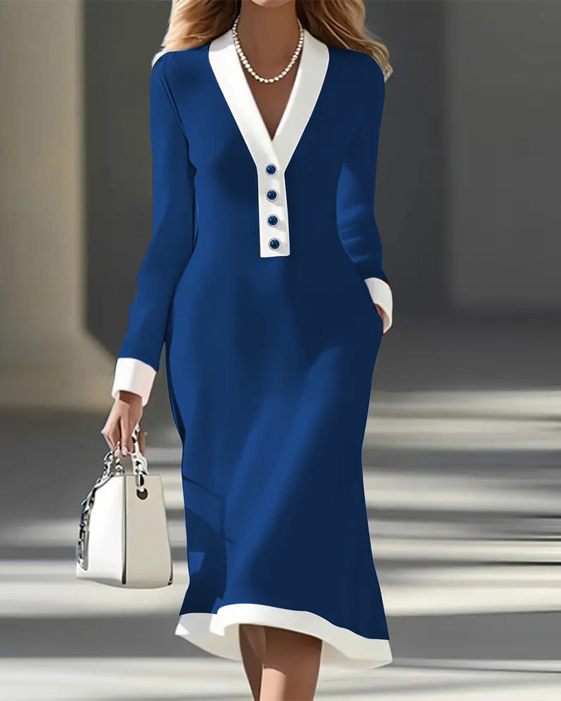 Vestido elegante de manga larga con contraste de color-ES