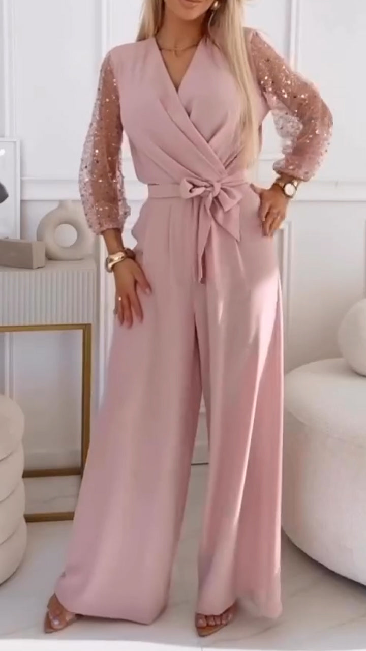 👑Γυναικείο casual κοστούμι με φουσκωτά μανίκια και V λαιμόκοψη, διακοσμημένο με πούλιες-GR