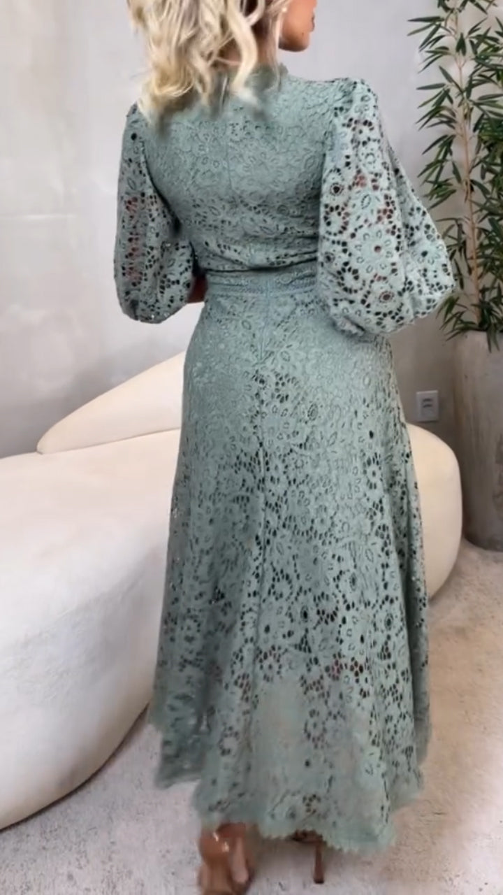 Vestido de encaje para mujer con escote redondo y mangas de estilo veraniego.-ES