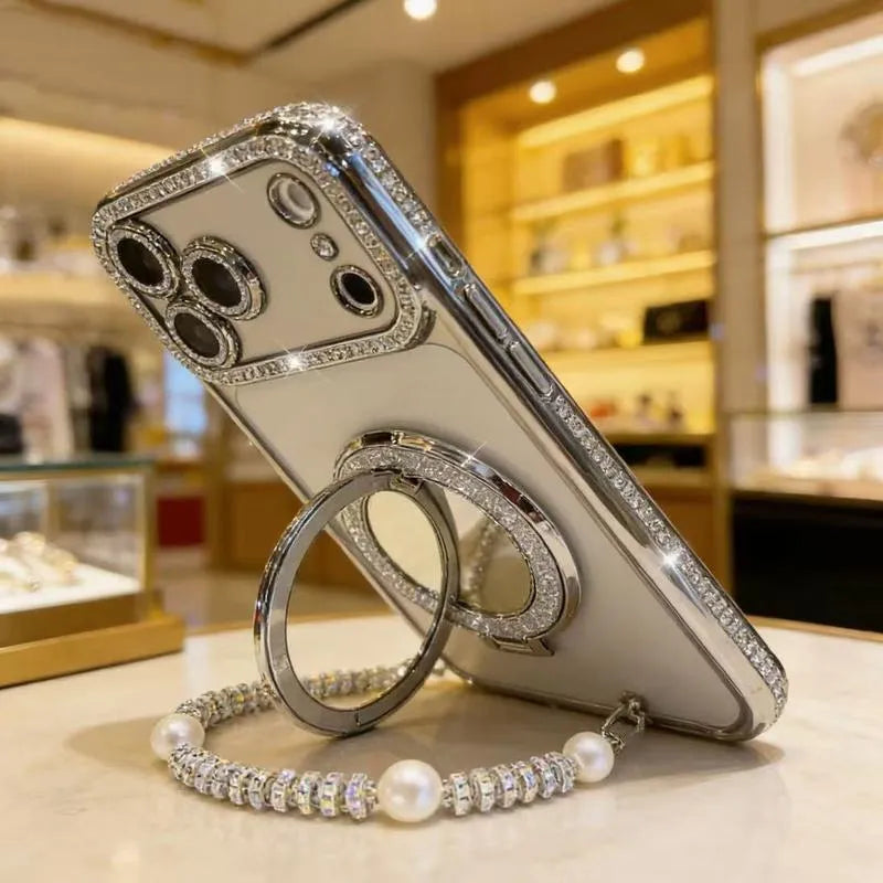 ✨💎Ženski ovitek za telefon z bleščečimi diamanti, ogledalom in stojalom za iPhone 12/13/14/15/16/17 Pro Max, 17Air, 14/15/16 Plus💖-SI