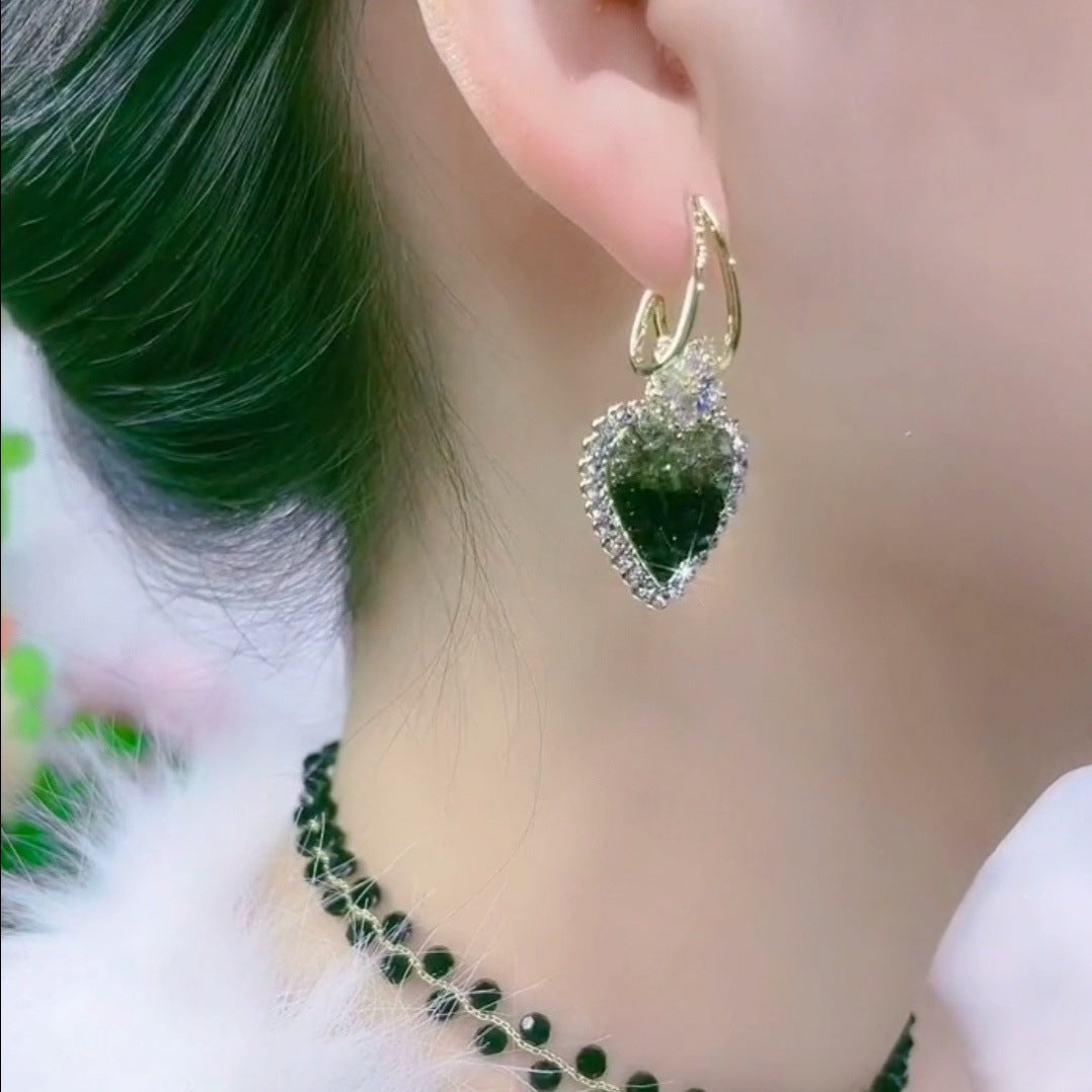 Žalios spalvos krištoliniai širdies auskarai-LT