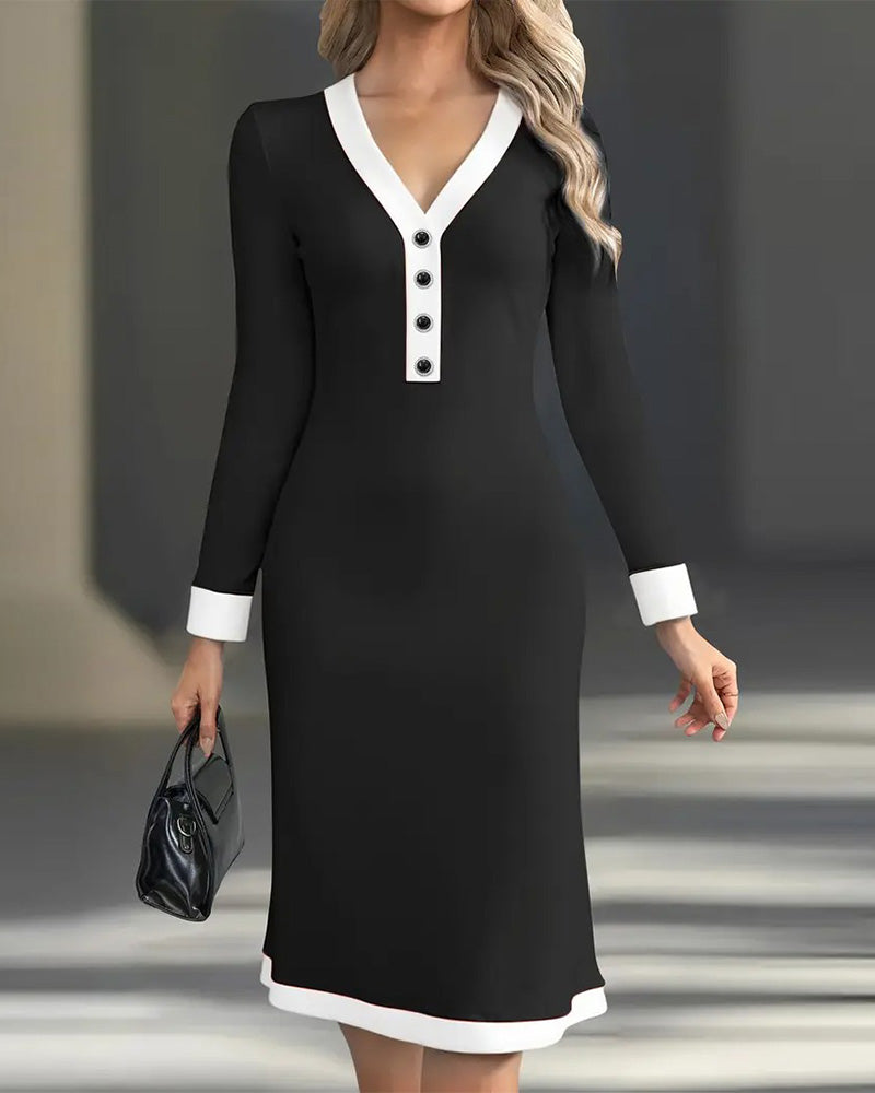 Vestido elegante de manga larga con contraste de color-ES