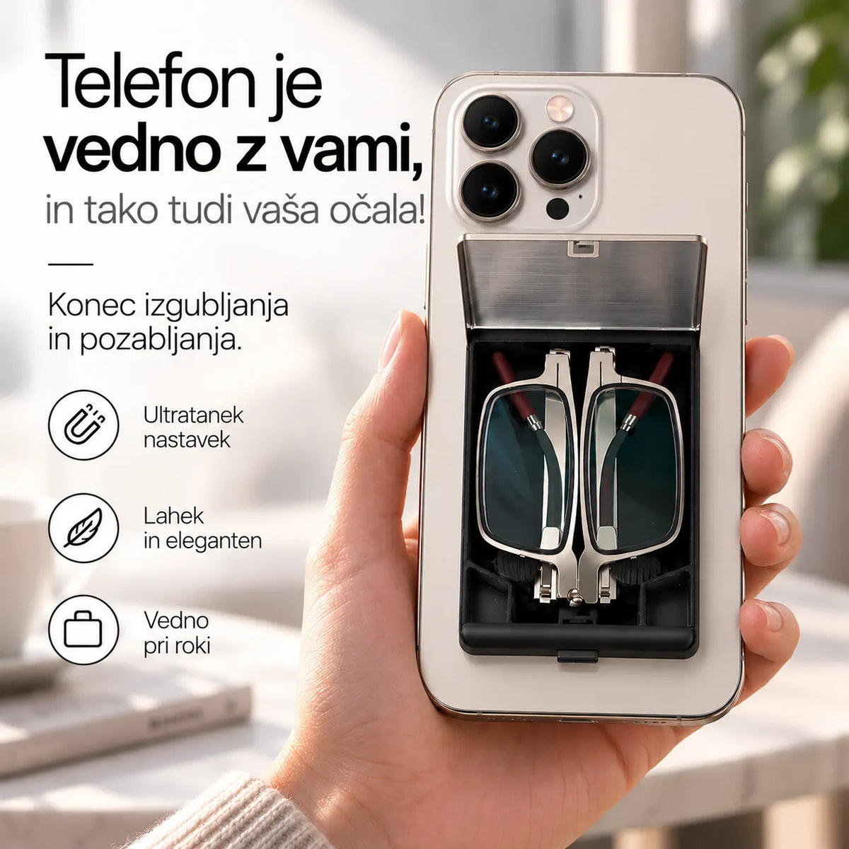 Prenosna očala za branje z zaščito pred modro svetlobo, ki jih lahko pritrdite na telefon
