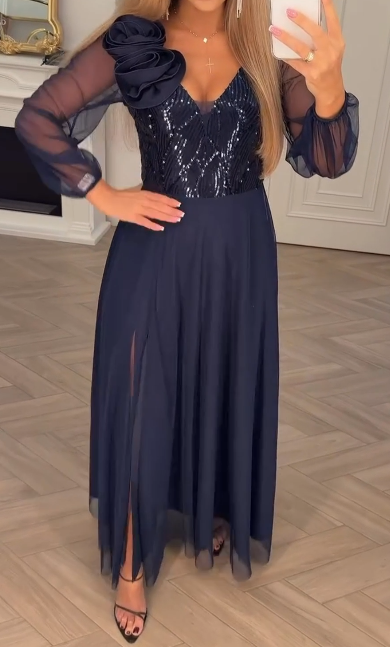 Vestido con mangas de encaje, lentejuelas y adornos florales.-ES