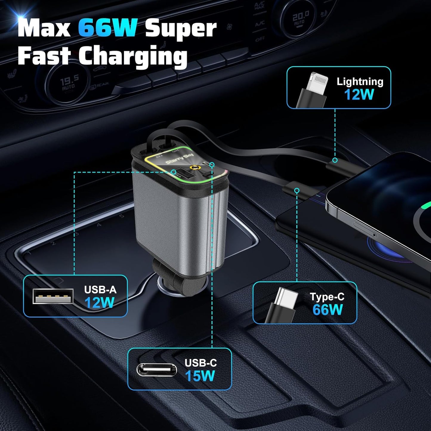 2025 Starlight zložljiv 4-v-1 avtomobilski hitri polnilnik za mobilne telefone-SI