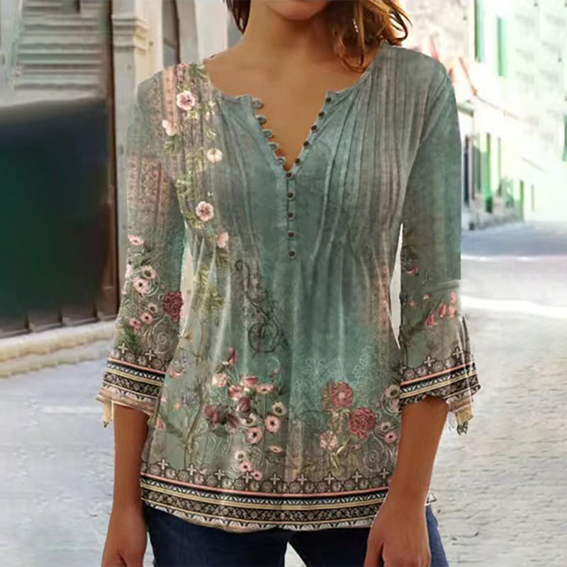🌺 Γυναικείο Πουκάμισο με Στάμπα και V-Neck✨-GR