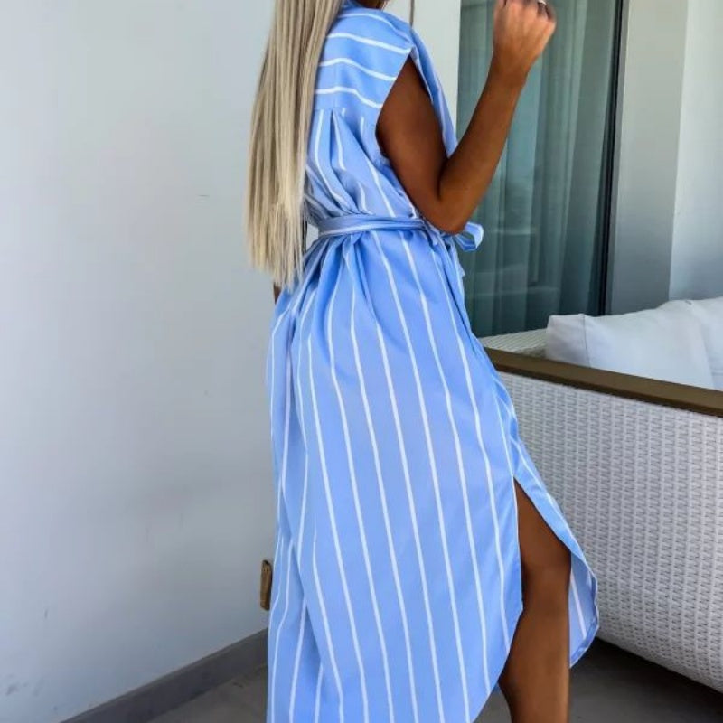 🔥Vestidos camiseros casuales con bolsillos de rayas para mujer-ES