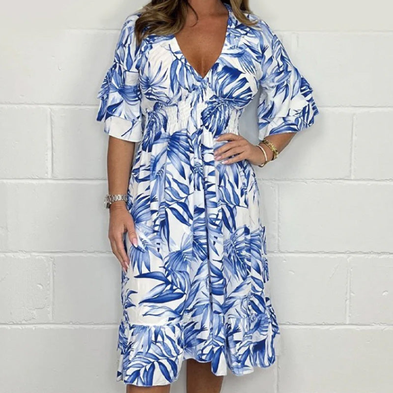 👗✨ Elegantiškos moteriškos suknelės su V formos iškirpte ir botaniniu raštu-LT